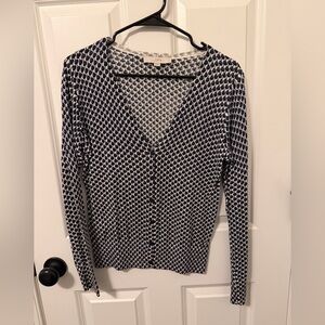 LOFT Blue and White Geometric Knit Cardigan